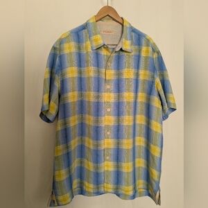Tommy Bahama Button Up Linen Shirt Mens XL Yellow Blue Plaid Short Sleeve Casual